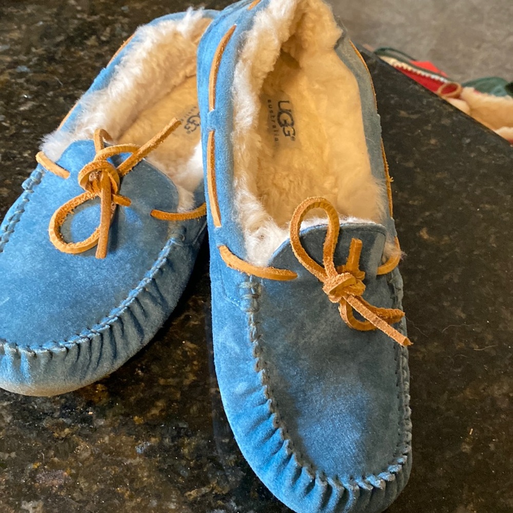 UGG Blue Suede Moccasin Slippers with Tan Laces